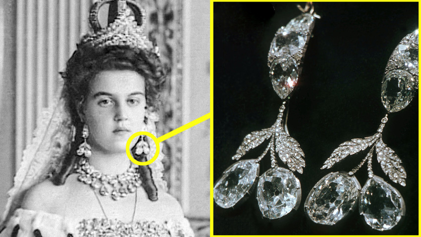 Maria Pawlowna mit Kirschohrringen und einem mit rosa Diamanten besetzten Diadem. Jetzt werden diese beiden Juwelen im Moskauer Diamantenfonds aufbewahrt. Die Hochzeitskrone wurde ins Ausland verkauft.