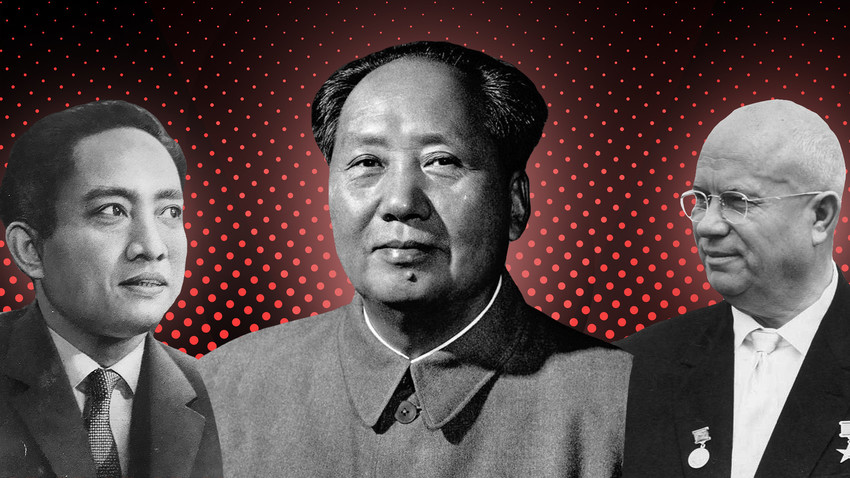 Dari kiri ke kanan: Pemimpin Pemimpin Partai Komunis Indonesia (PKI) D.N. Aidit, Pemimpin Partai Komunis Tiongkok (PKT) Mao Zedong, dan Pemimpin Uni Soviet Nikita Khrushchev.