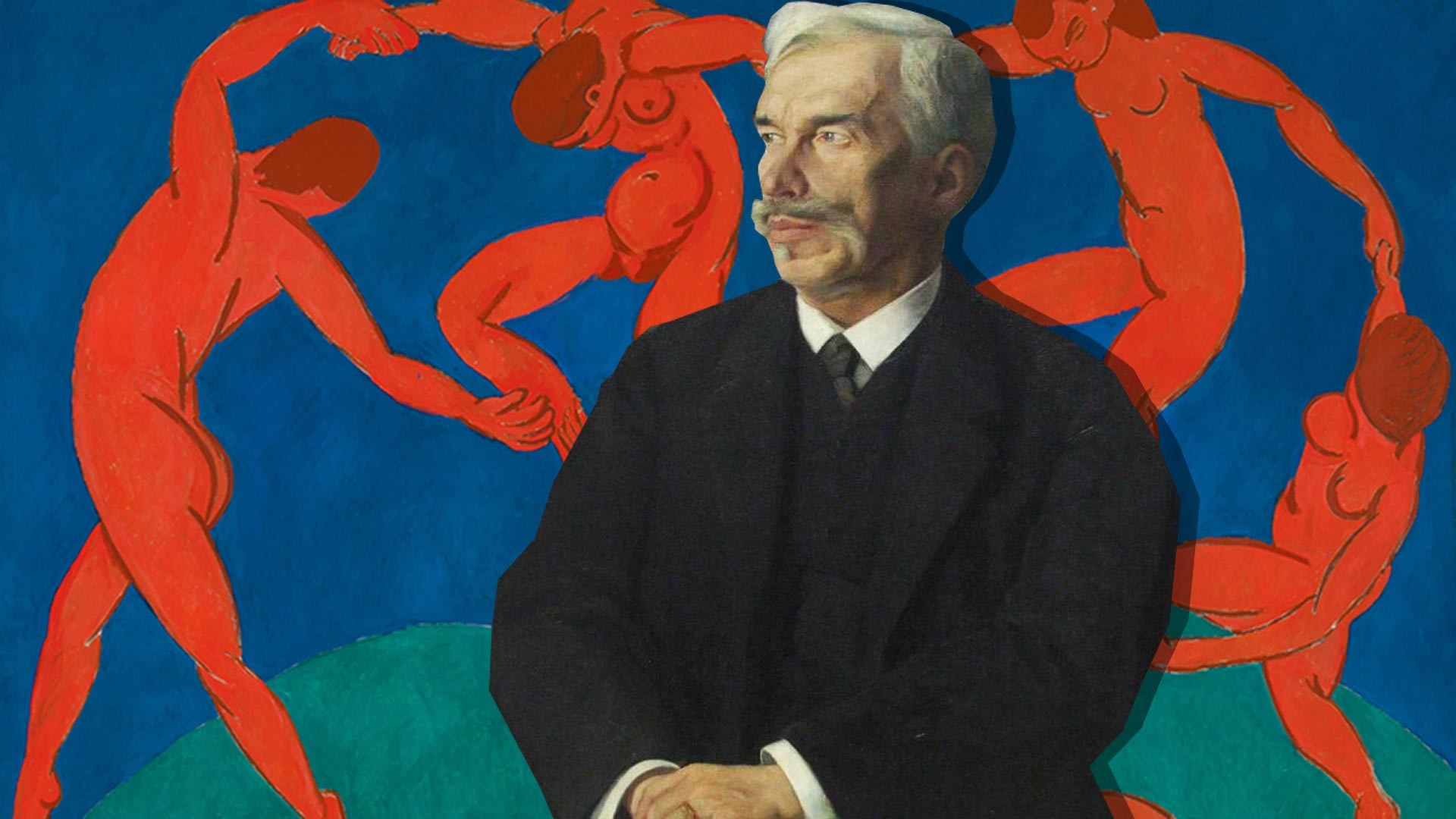 Ritratto di Sergej Shchukin;  sullo sfondo, "La danza" di Henri Matisse
