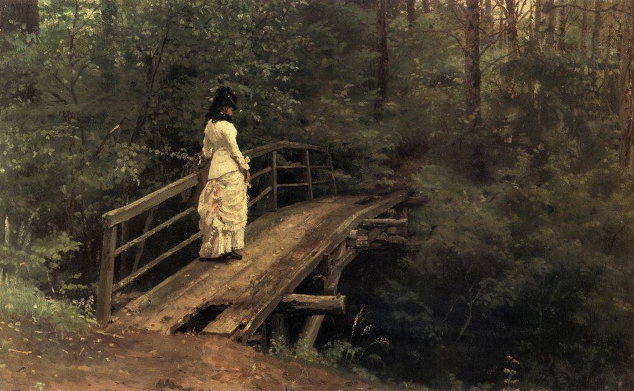 Илья Репин. Вера Алексеевна Репина на мостике в Абрамцеве, 1879