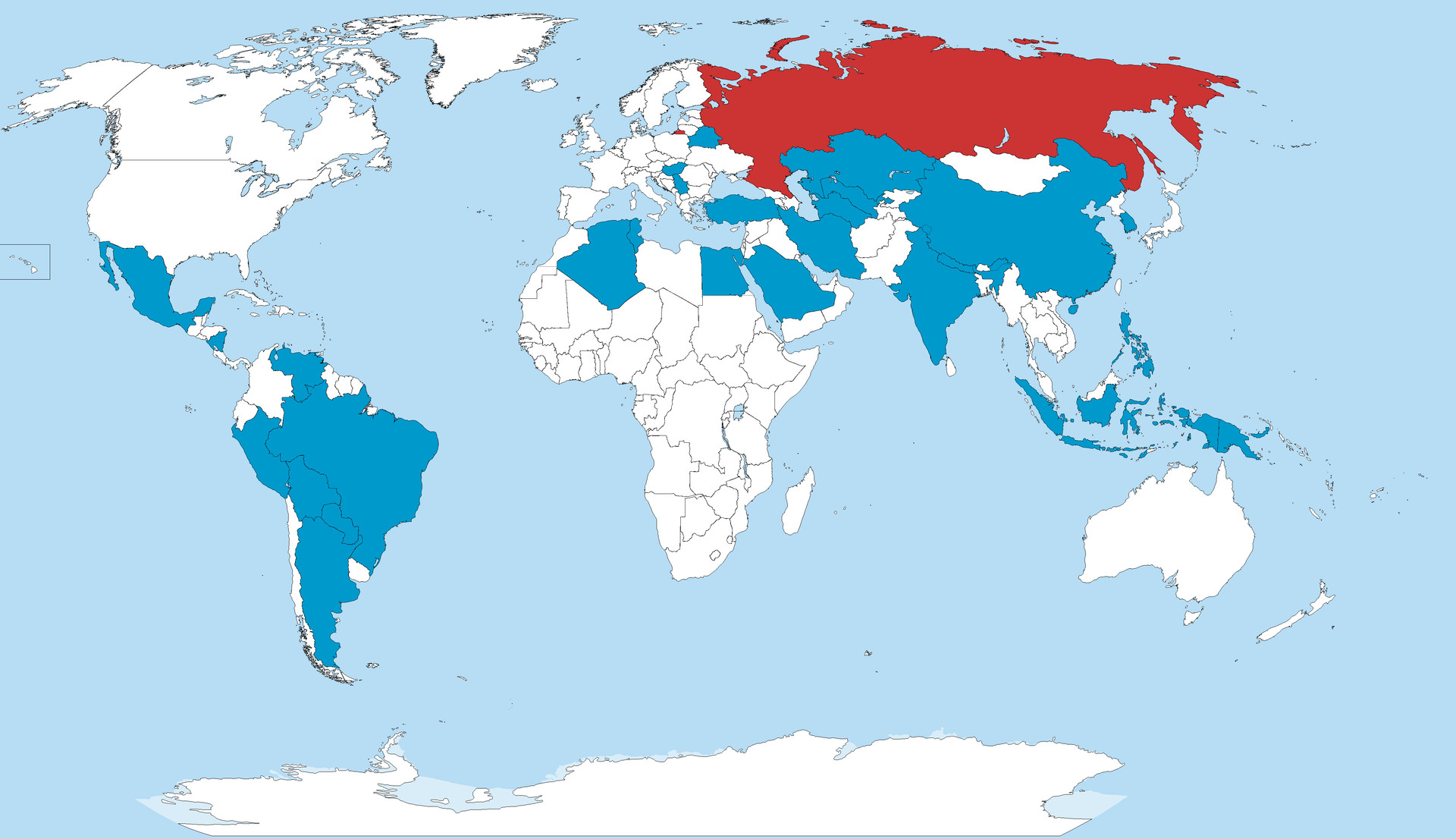 Rusija (rdeča) in države (modra), ki so izrazile namero za nakup oz. lastno proizvodnjo cepiva Sputnik V.