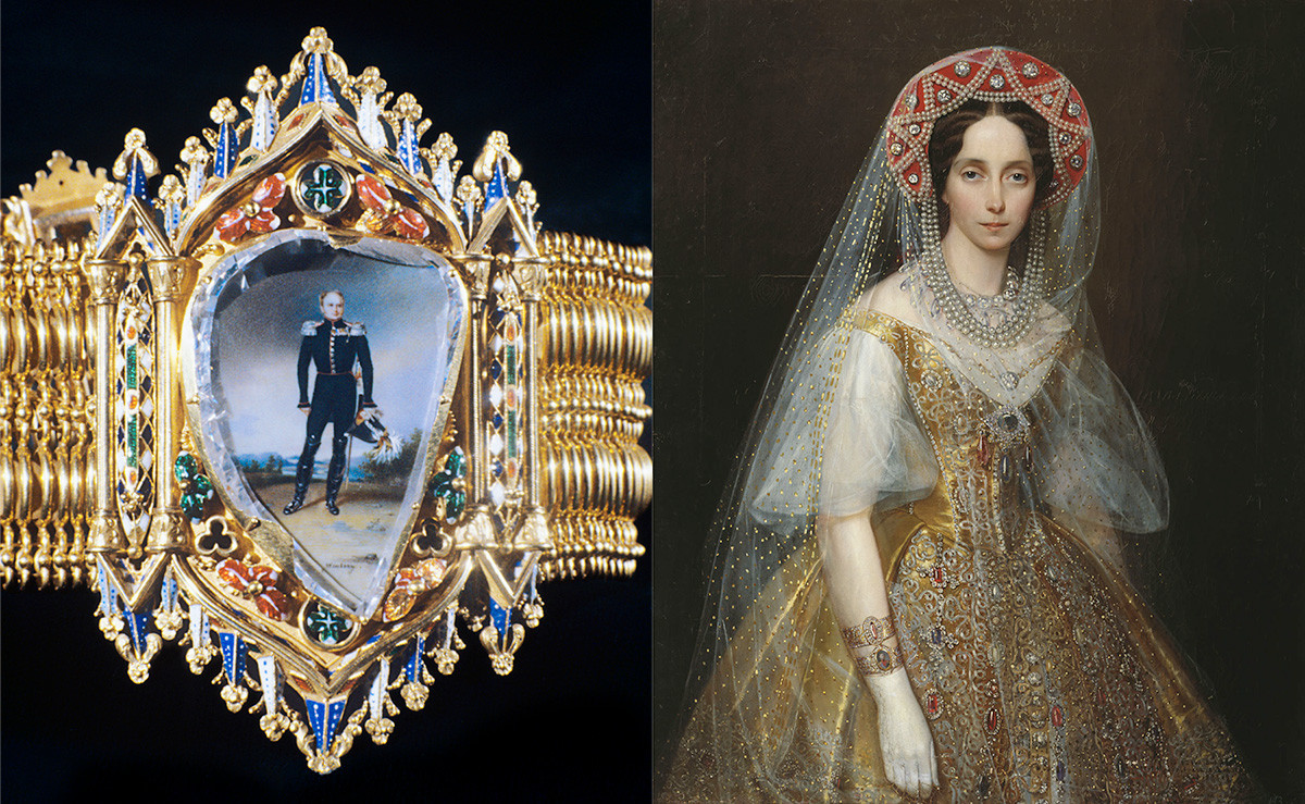 L'imperatrice Maria Aleksandrovna posa per una foto in abito popolare russo, indossando un bracciale con un “diamante-ritratto”