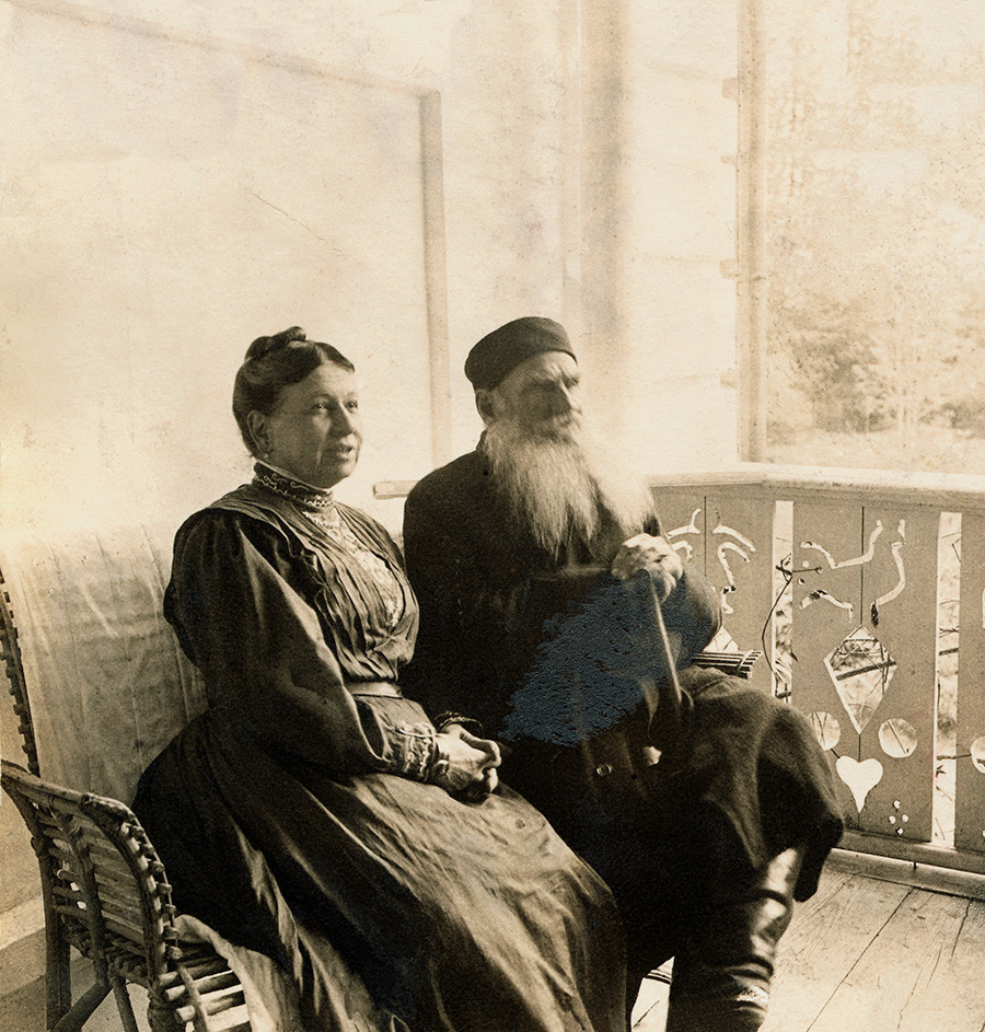 (Original Caption) Leo Tolstoy (1828-1910) is shown seated with his wife, Sonya. Undated - - - 