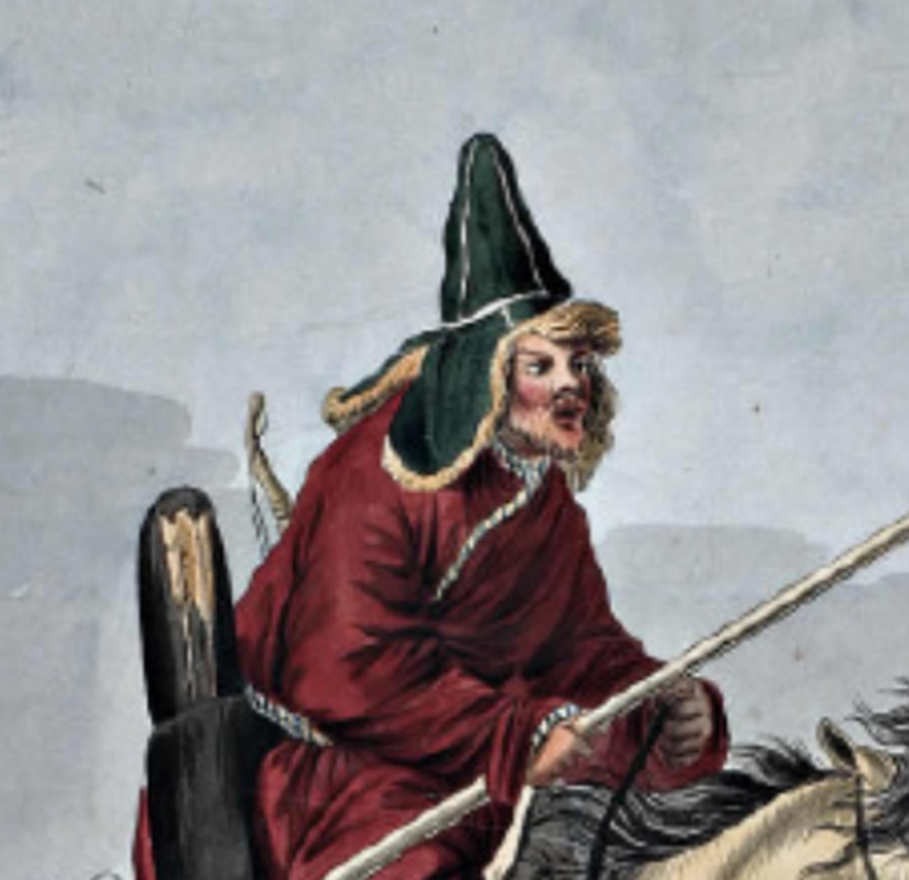Orang Kirgiz memakai topi malakhai, awal abad ke-19.