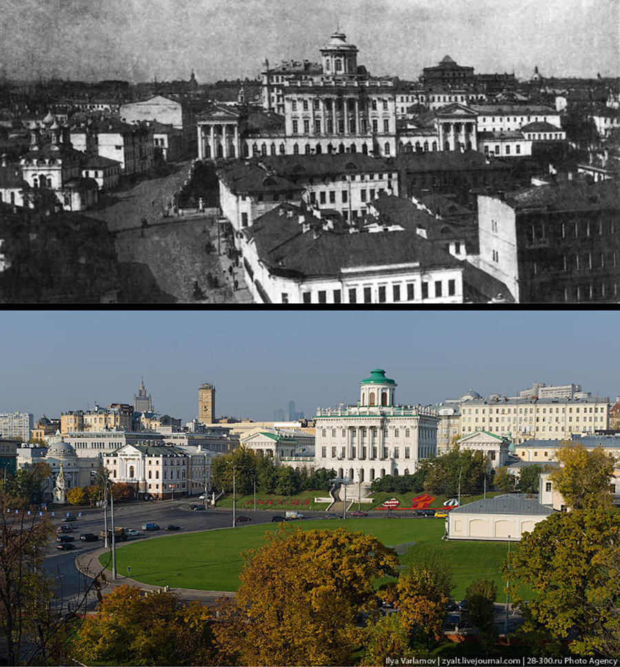 До: жилой квартал на Моховой. После: Боровицкая площадь (фото 2011 года)