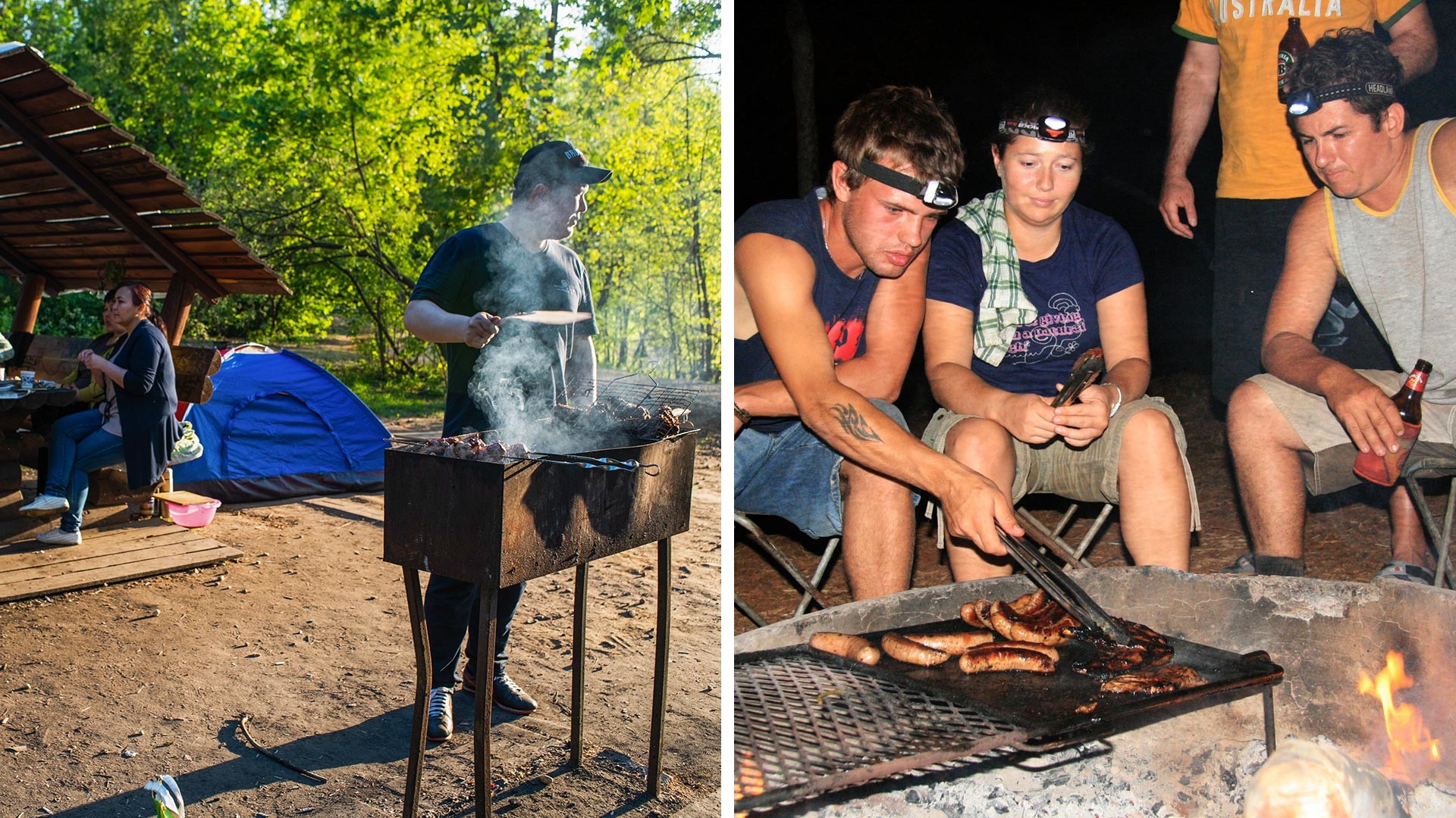 Left: Muscovites make shashlyk at the park. Right: Locals in Australia make a nice BBQ evening.
