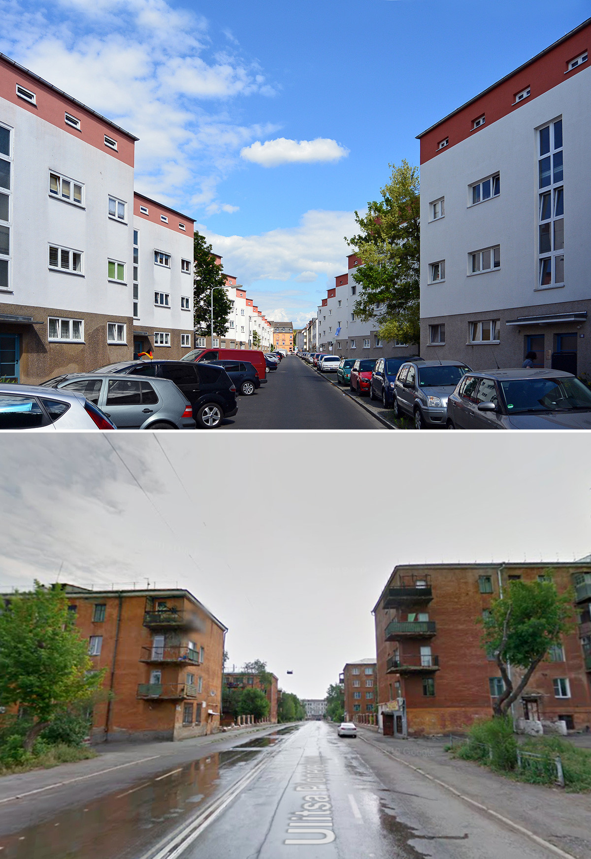 Сверху: Дома по проекту Мая во Франкфурте. Снизу: Соцгород Магнитогорска.