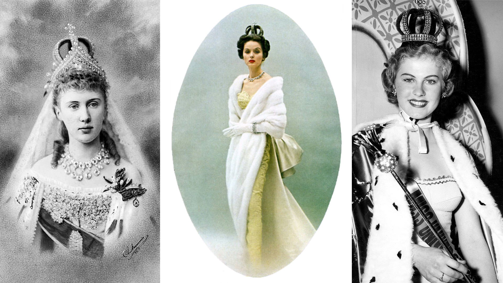Венчальная корона Романовых на Елизавете Маврикиевне (1884), американской модели (1953) и победительнице конкурса красоты в Калифорнии (1952). 