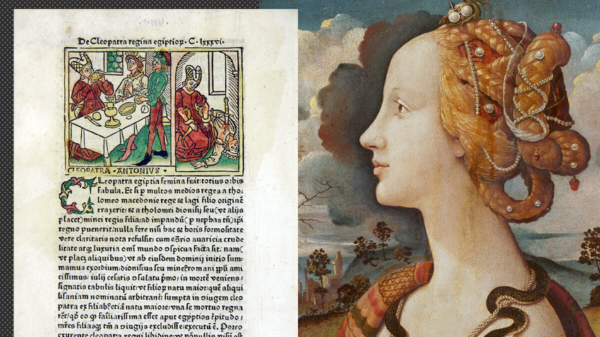 La storia di Cleopatra. A destra: un frammento sulle donne famose di Boccaccio (Ulma, Johann Zeiner, 1473); a sinistra: un frammento del ritratto di Simonetta Vespucci di Piero di Cosimo (1490), che mostra Simonetta Vespucci come Cleopatra con un serpente al collo