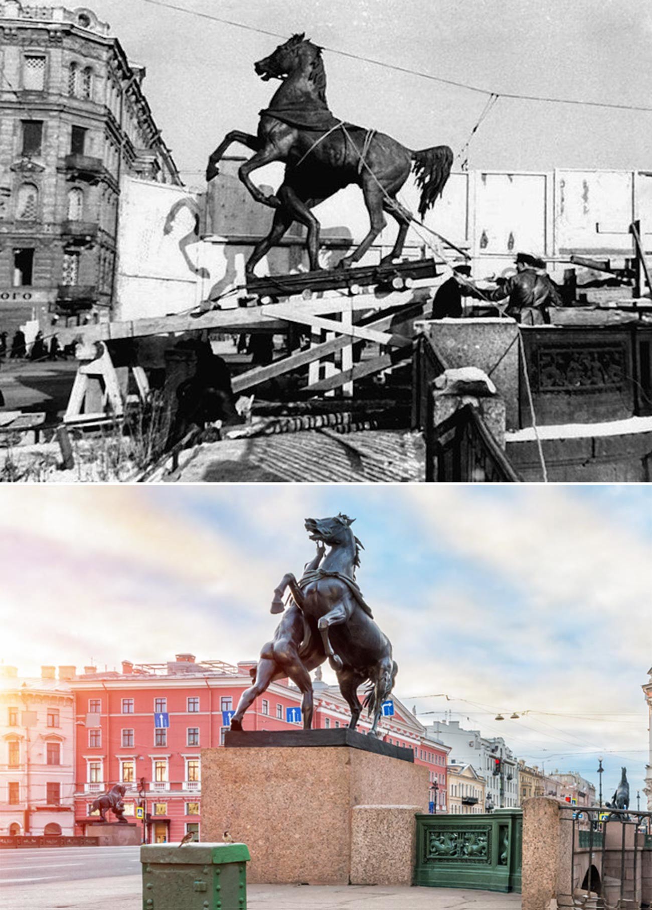アニチコフ橋の彫刻の移動（上）