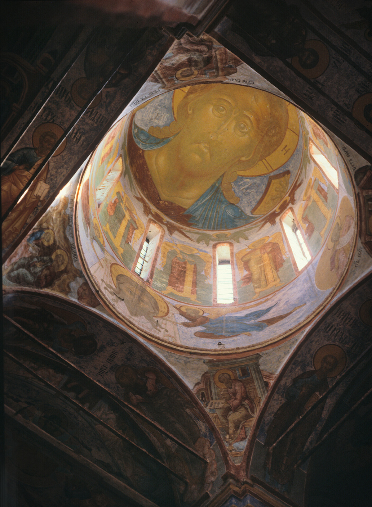 Trinity Cathedral interior. Dome with fresco of Christ Pantocrator. April 28, 1980.