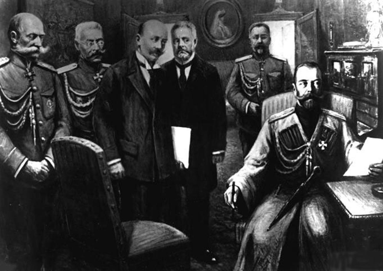L'abdicazione di Nicola II. Da sinistra: il conte Woldemar Freedericksz, ministro della Casa Imperiale, il generale Nicola Ruzskij, Vasilij Shulgin, Alessandro Guchkov, Nicola II