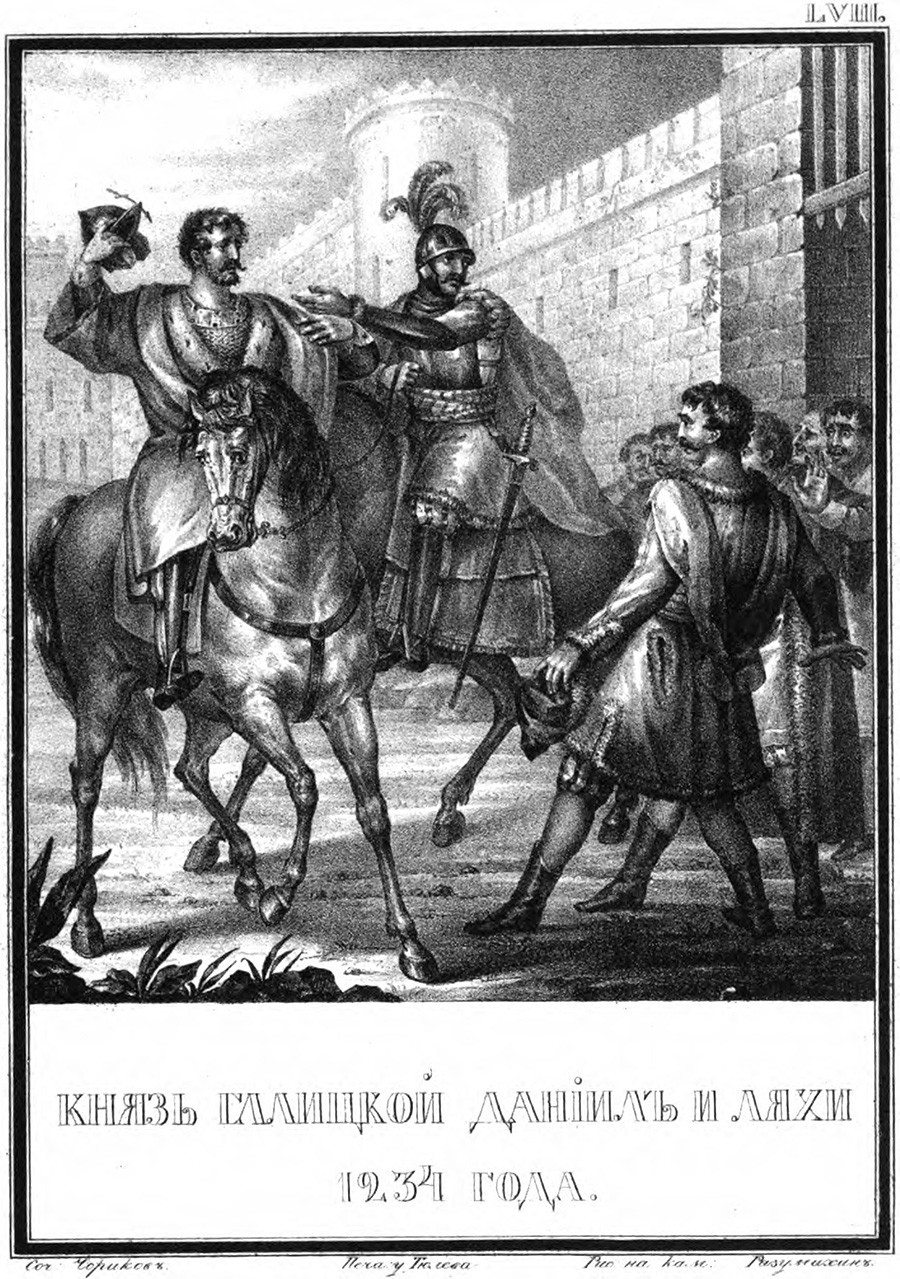 Daniil dari Galisia pada 1234 (dari Ilustrasi Sejarah Rusia oleh Nikolai Karamzin), 1836. Ditemukan dalam koleksi Perpustakaan Nasional Rusia, Moskow.