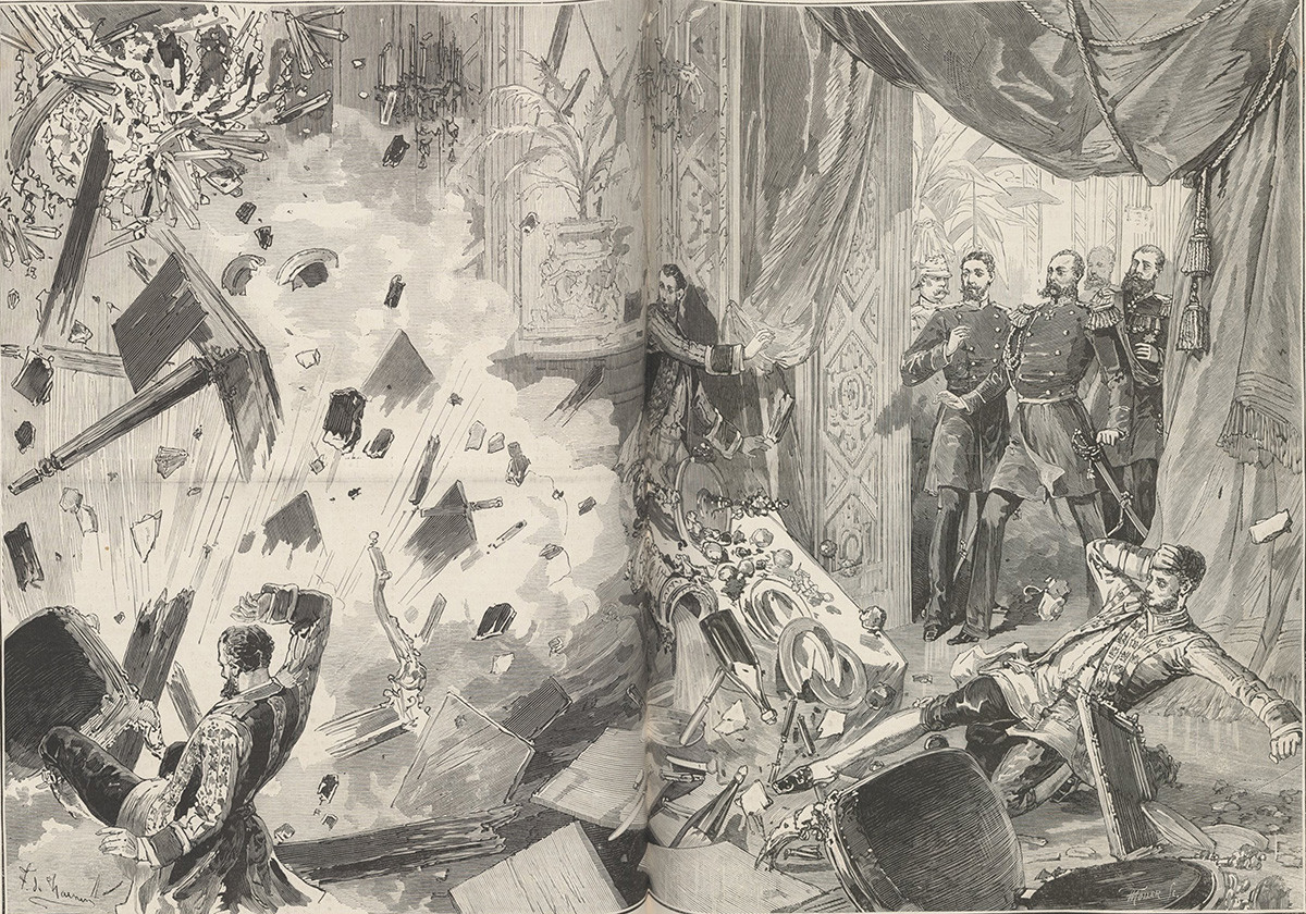 Car Aleksander II. po eksploziji 17. februarja 1880 zvečer. Ilustracija iz časopisa Le Monde Illustré, 1880. Iz zbirke Narodne knjižnice Francije. Avtor: Frédéric de Haenen (1853-1928)