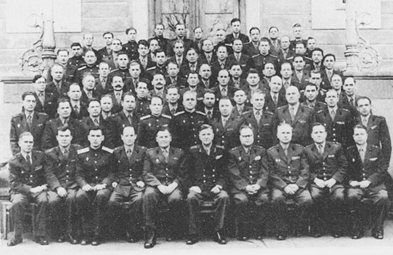 Graduating class of the Dzerzhinzkiy Artillery Engineering Academy in the USSR in 1960; Oleg Penkovskiy is the third from right in the front row.