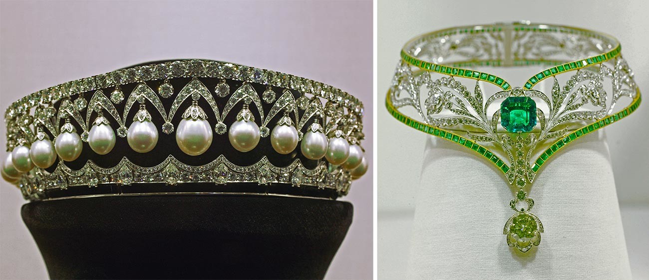 À gauche : réplique du diadème de perles des Romanov. À droite : un collier d'émeraude, 1977. Les deux sont entreposés dans le Fonds des diamants à Moscou.