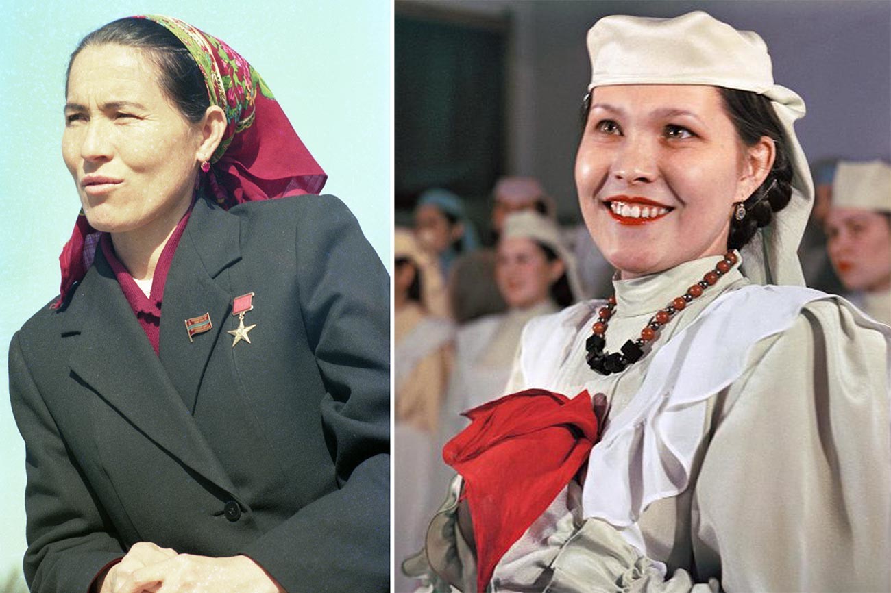 Links: Heldin der sozialistischen Arbeit, Milchmagd von der usbekischen SSR-Kollektivfarm Munavvar Isakowa // Rechts: Eine Chorkünstlerin in Kasan Lina Saripowa // Beide Frauen tragen Ohrringe mit riesigen Edelsteinen.
