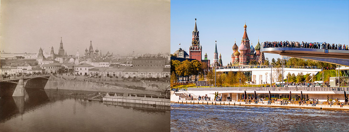 Blick auf den Sarjadje Bezirk vom Rauschskaja-Ufer aus in den 1890er Jahren und der Sarjadje Park heute