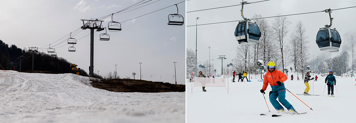 La station de ski de Krasnaïa Poliana, à proximité de Sotchi, le 28 mars 2020 et le 22 février 2021