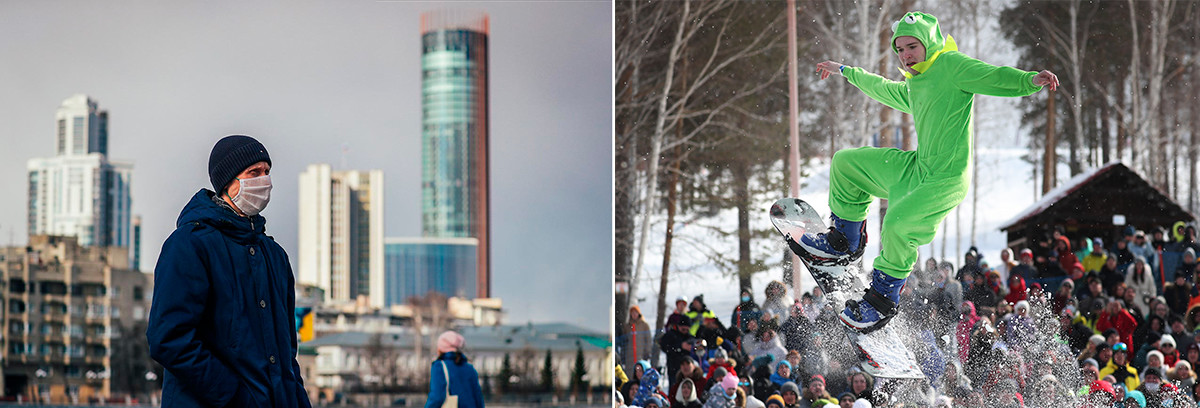 À gauche: Le centre d'Ekaterinbourg le 2 avril 2020. À droite: Le Red Bull Jump and Freeze show à Ekaterinbourg, le 21 mars 2021