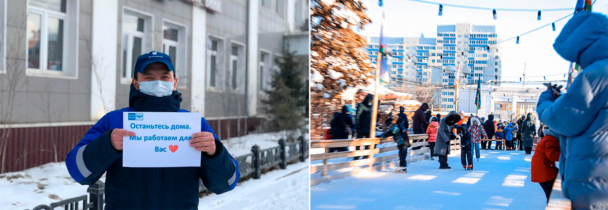 À gauche: Un employé de la Poste de Russie à Iakoutsk tenant une affiche disant: 