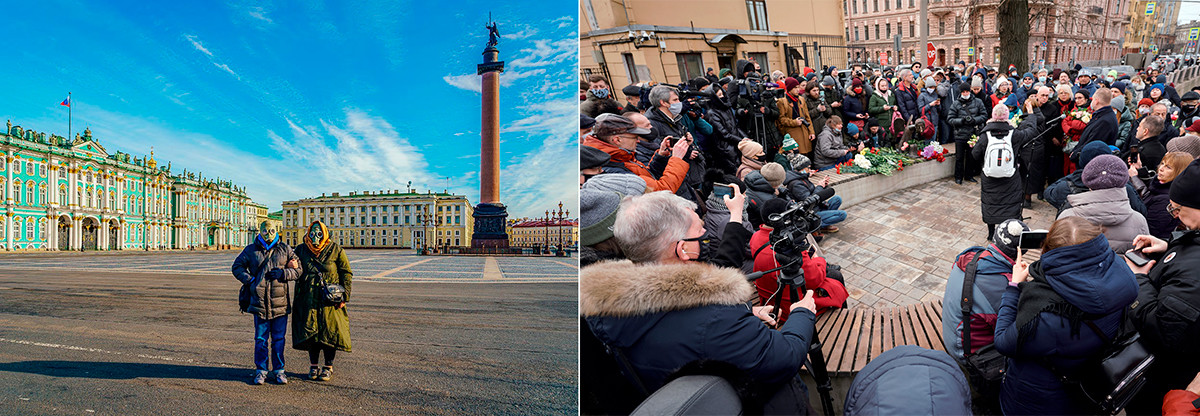 À gauche: La place du Palais à Saint-Pétersbourg, début avril 2020. À droite: Inauguration d'une sculpture de bronze dédiée aux travailleurs de la santé à Saint-Pétersbourg, en mars 2021