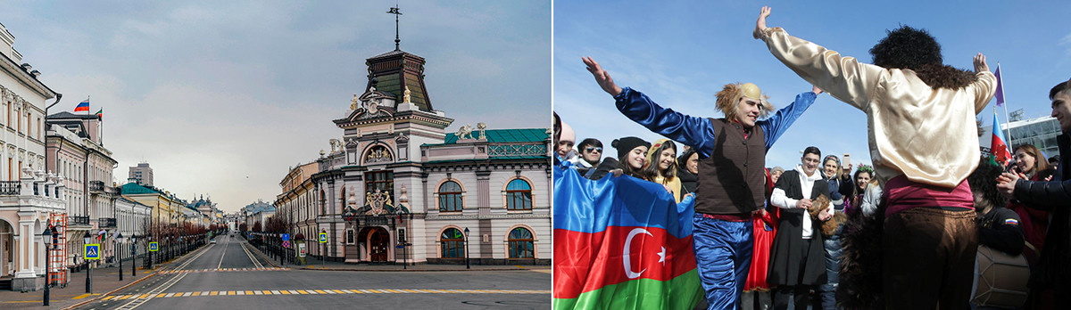 A sinistra, la via del Cremlino a Kazan, 31 marzo 2020; a destra, persone in strada a Kazan, 21 marzo 2021