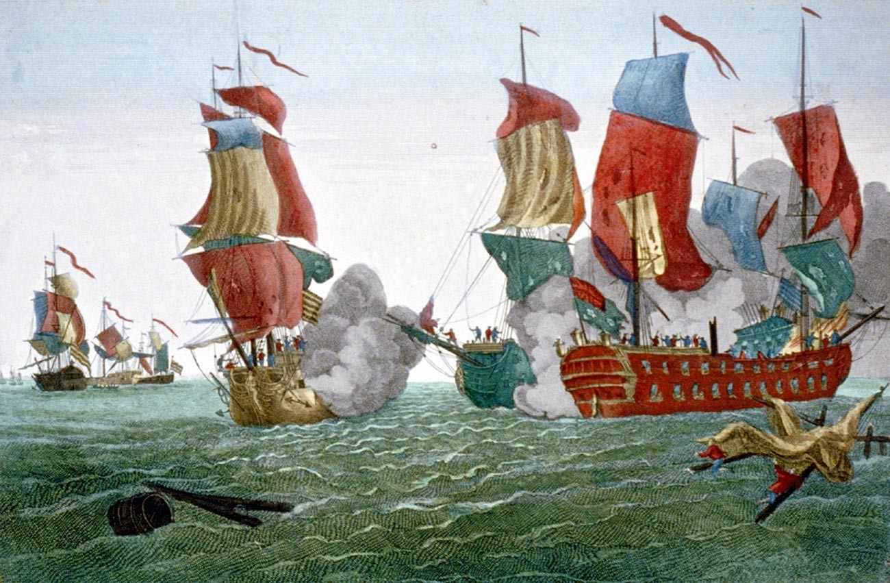 Battle of Flamborough Head, East Yorkshire, England, 22 Sept. 1779, between the American John Paul Jones and British vessel 'Serapis'. Print 1780.