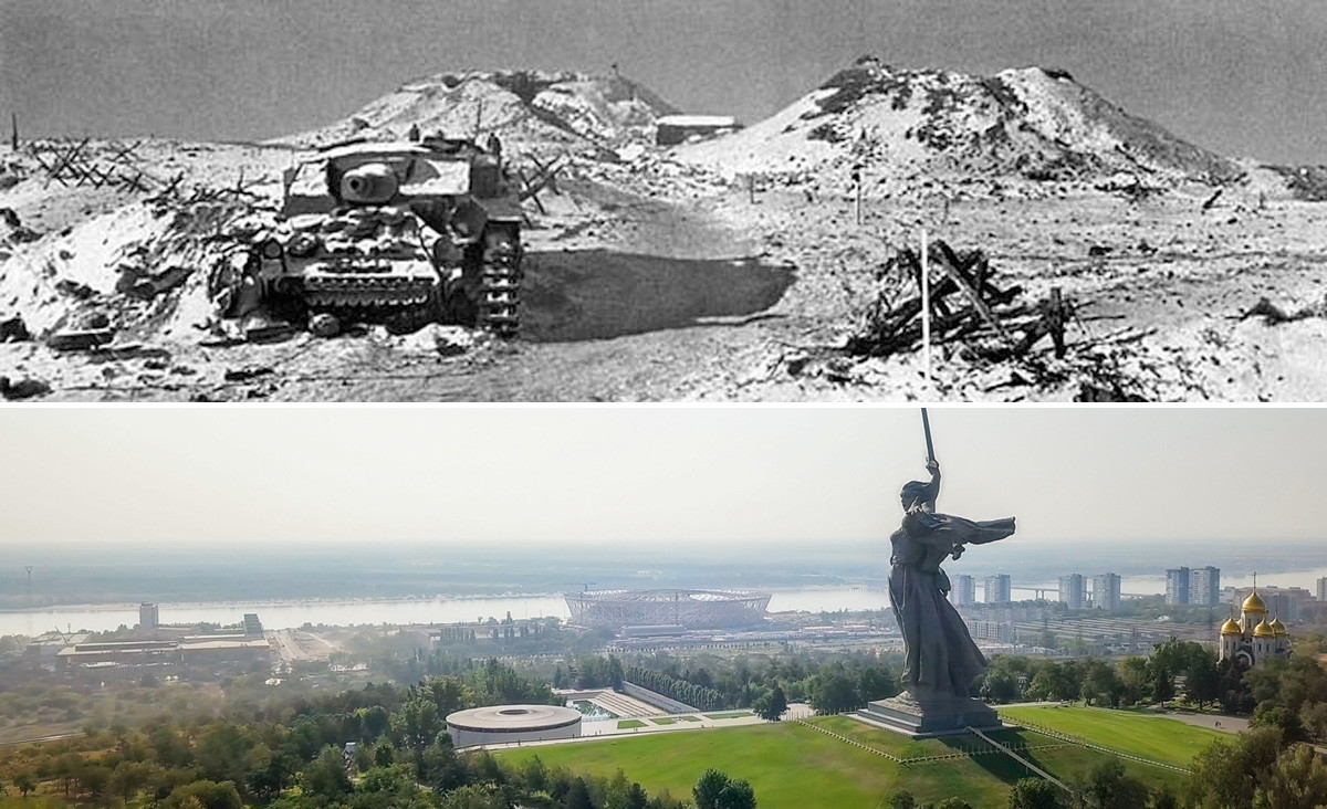 Mamayev Kurgan after the war, 1945, and the view from the same point today.