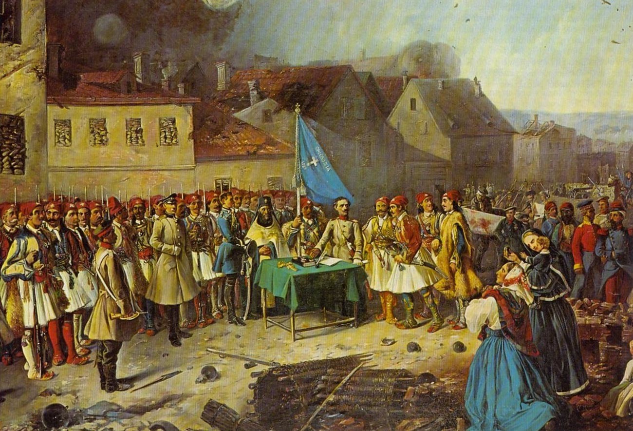 Voluntarios griegos al mando de Panos Koronaios en Sebastopol durante la Guerra de Crimea.
