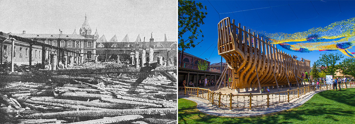Der Park Neu-Holland nach dem Brand im Jahre 1900 und heute.