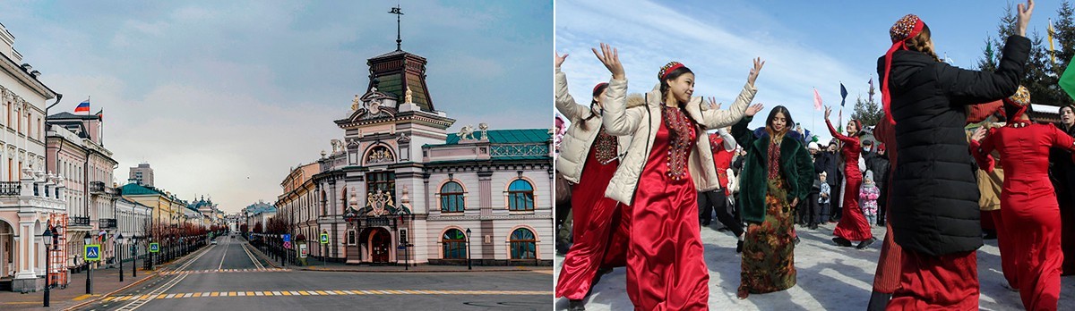  À gauche: la rue du Kremlin, à Kazan, le 31 mars 2020. À droite: célébrations de Norouz à Kazan le 21 mars 2021