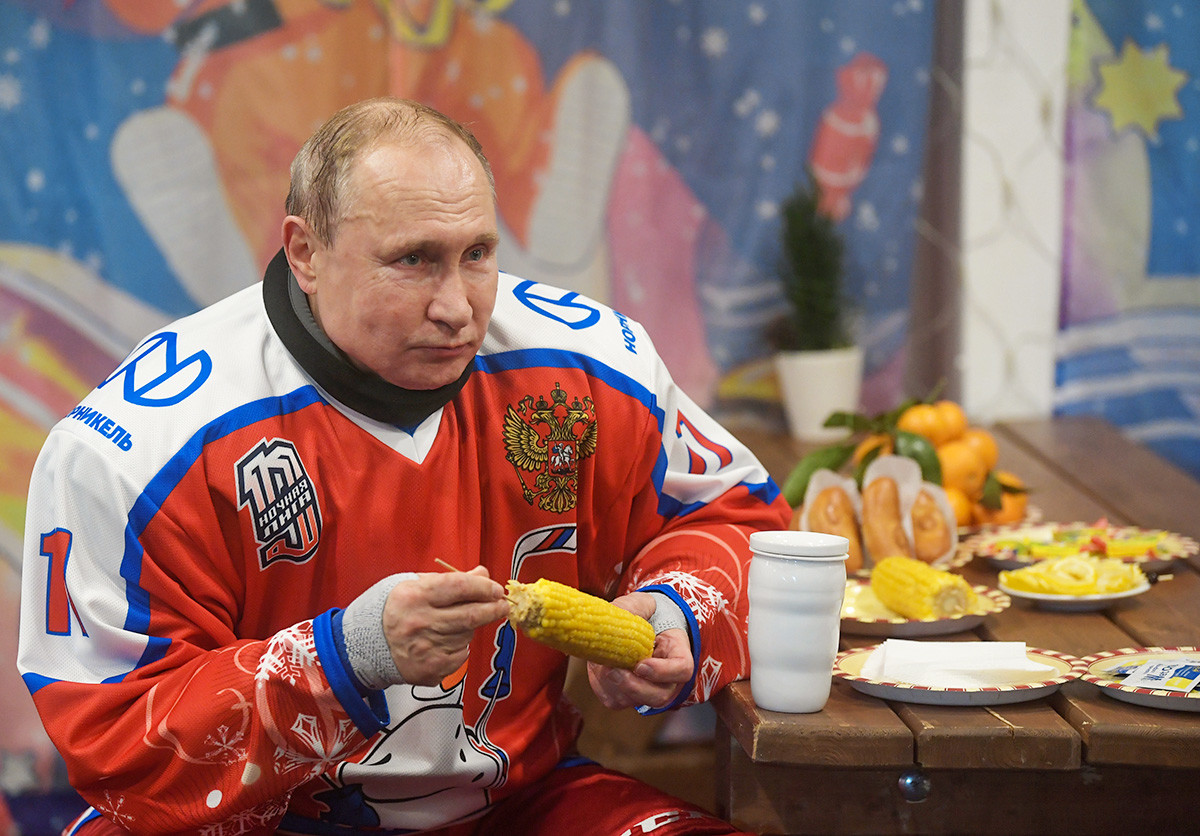 December 25, 2019. Russian President Vladimir Putin during a break in the New Year's Eve friendly match of the Night Hockey League at the skating rink on Red Square