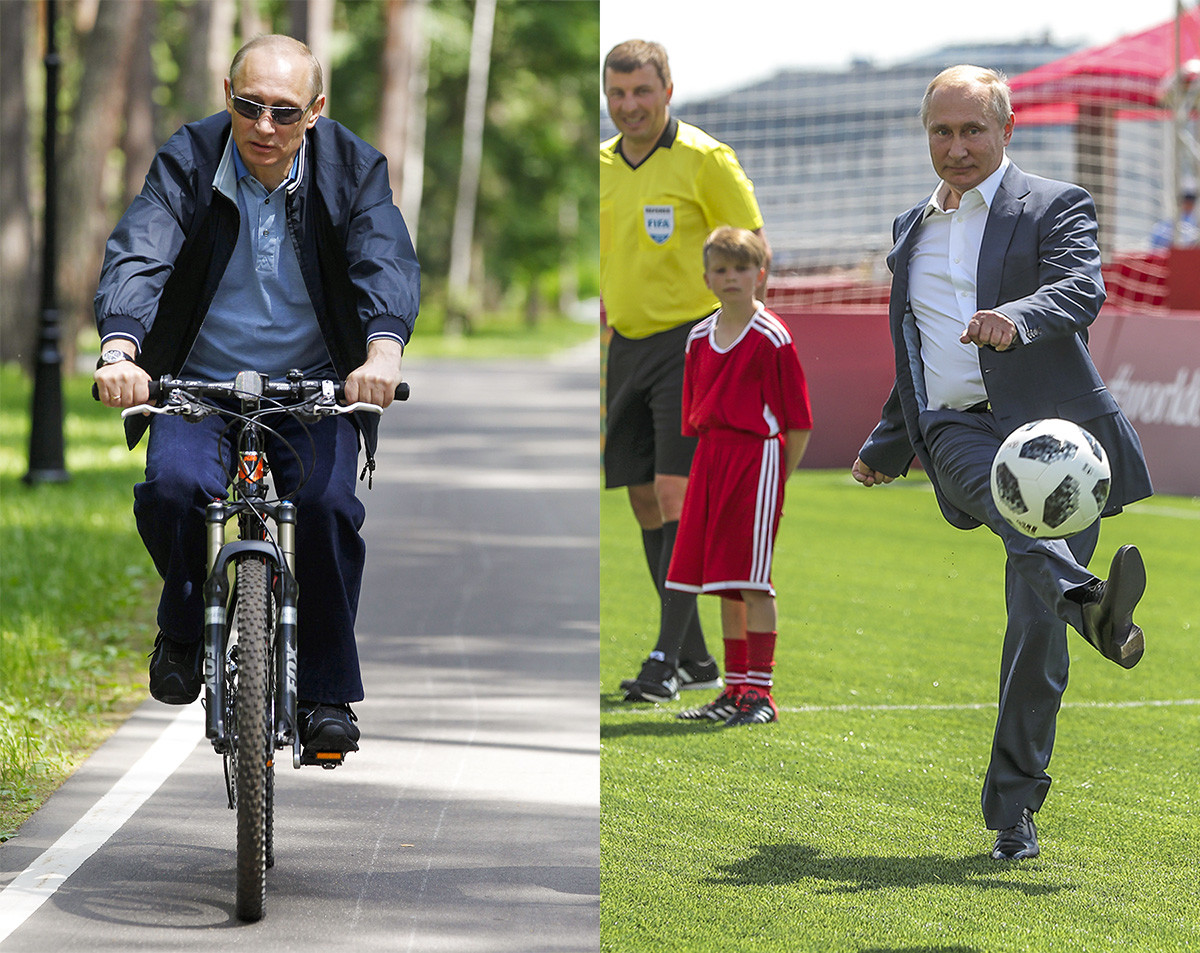 A destra, Putin all'inaugurazione di una partita di calcio amichevole fra bambini e leggende della FIFA, organizzata in Piazza Rossa a Mosca durante i Mondiali di Calcio 2018; a sinistra Putin in bicicletta