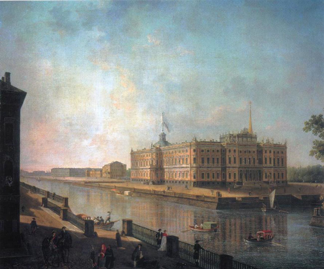 フォンタンカ川から見たサンクトペテルブルクのミハイロフスキー城の風景、1800年