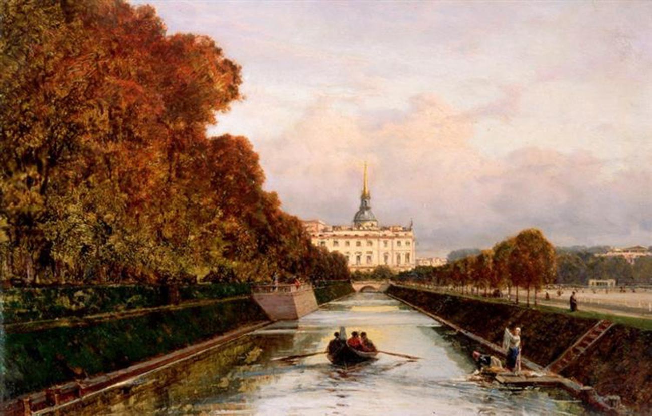 ペテルブルクにあるミハイロフスキー城の白鳥運河からの景色、1880年