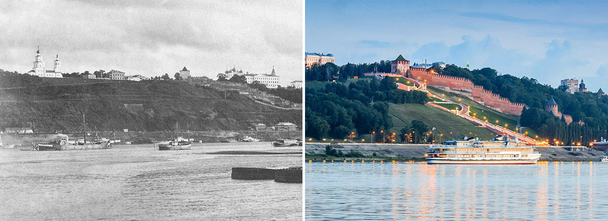 Pemandangan dari Sungai Volga pada1886, dan pemandangan yang sama sekarang.