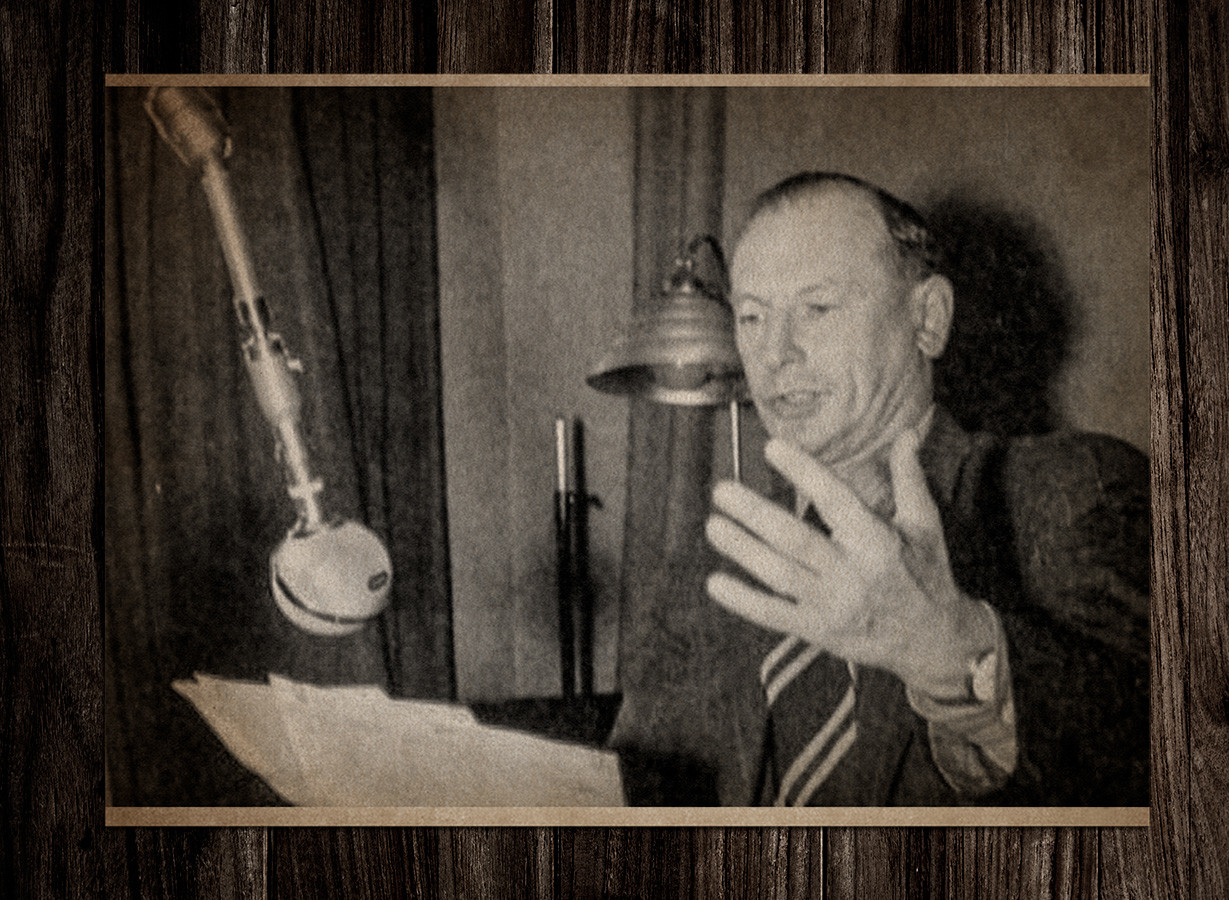 Pyotr Sokolov recording propaganda broadcasts on radio