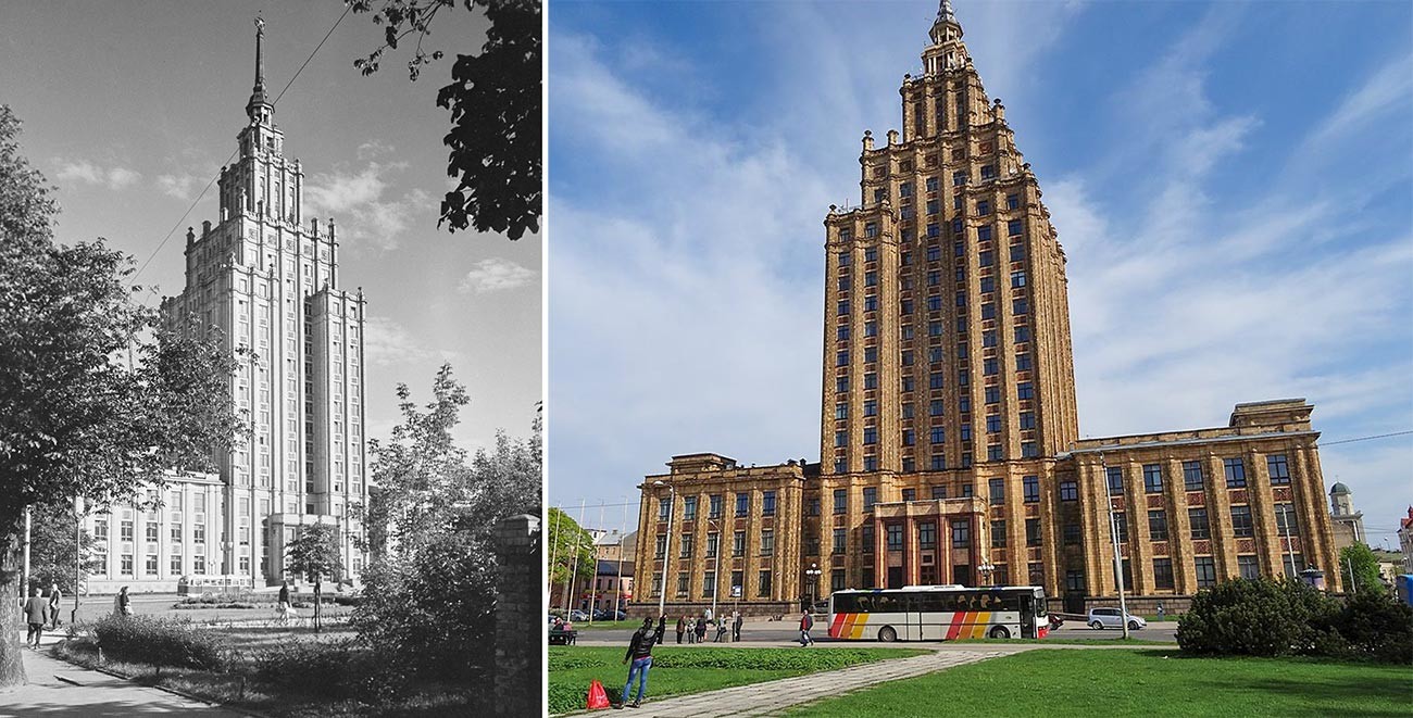 Academia de Ciências da Letônia em 1962 (esq.) e hoje.
