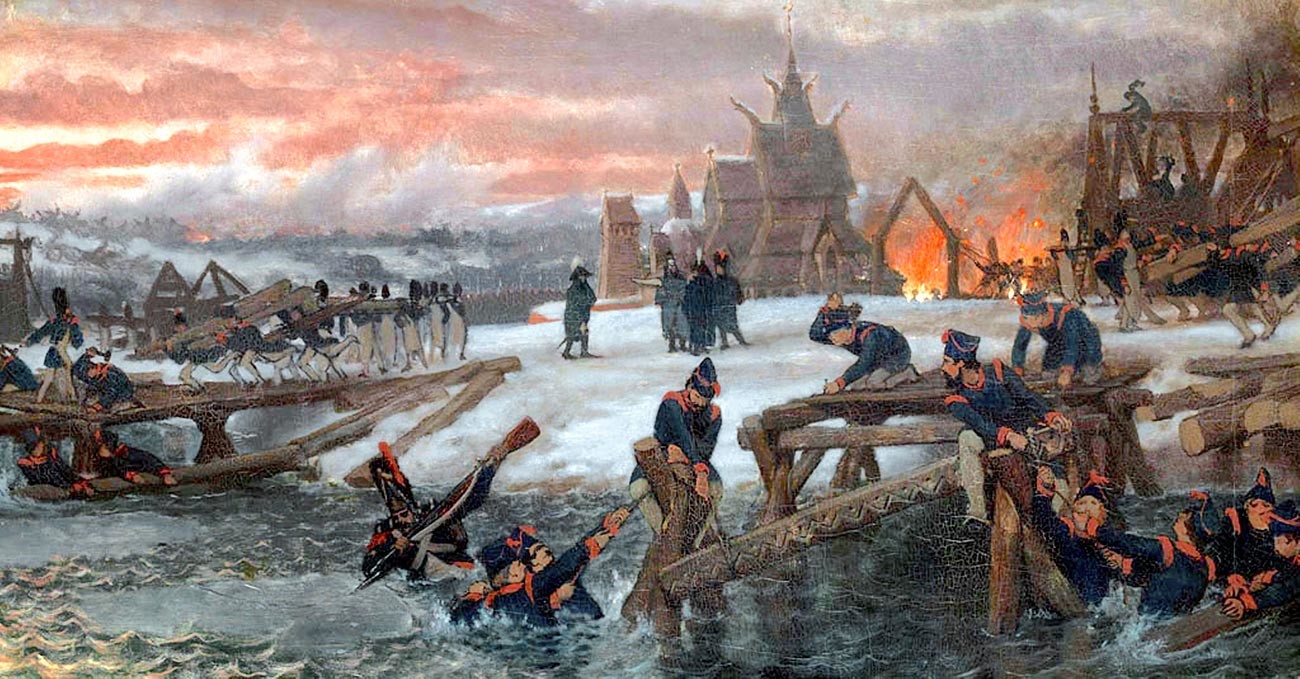 Les pontonniers sous les ordres du capitaine Benthien au travail sur la rivière Bérézina le 26 novembre 1812, construisant les deux ponts temporaires qui sauveront une partie de la grande armée de Napoléon

