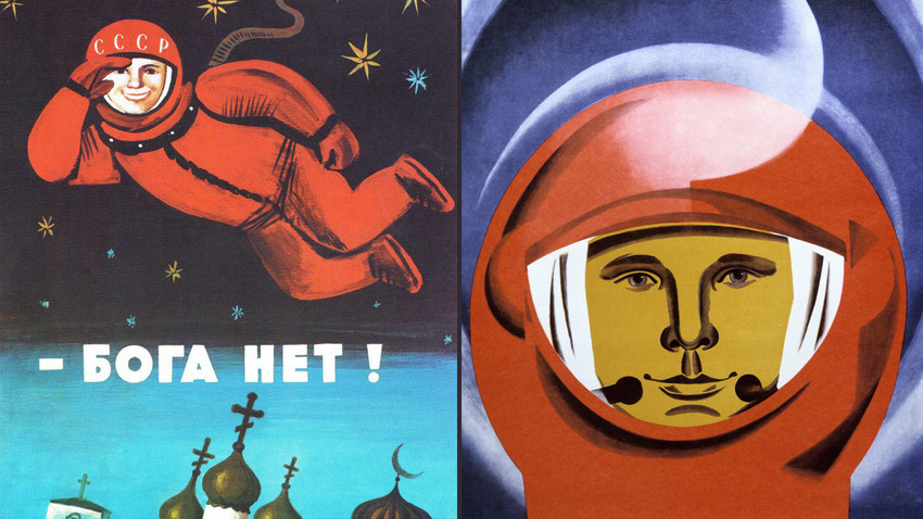 Plakat „Die Straße ist ohne Gott breiter.“ 1975 / Juri Gagarin Poster.