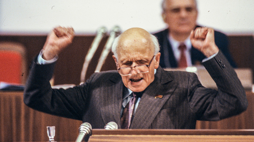 Andrei Sakharov at the Congress of People's Deputies of the USSR in 1989.