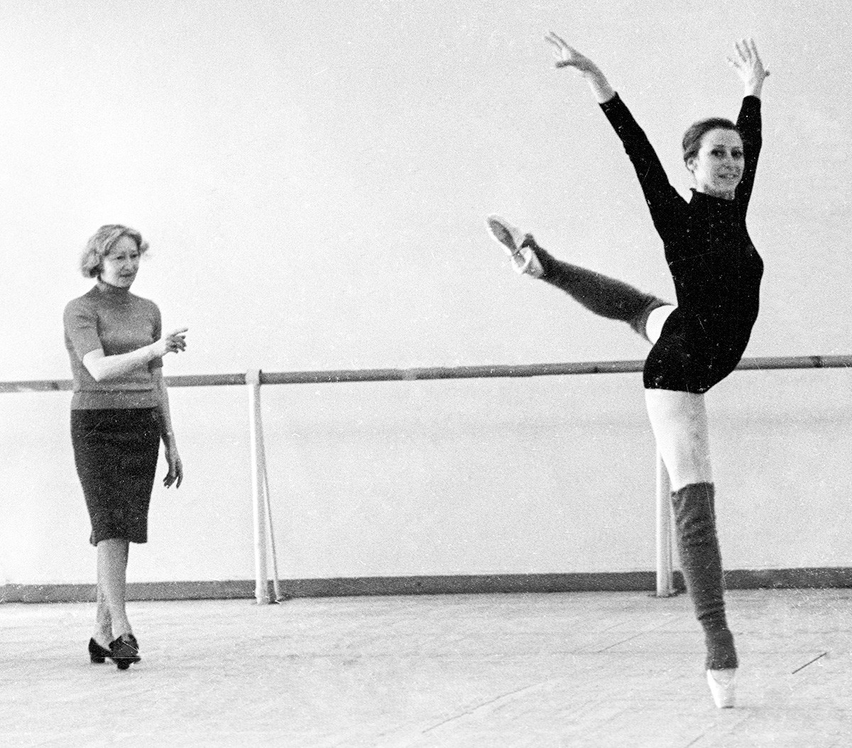 Choreography teacher Galina Ulanova (left) and dancer Maya Plisetskaya (right) rehearsing, 1969.
