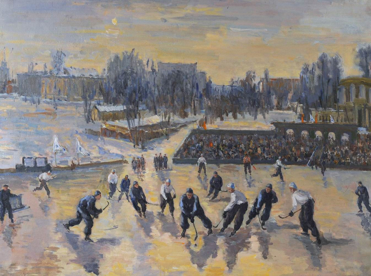 Viktor Midler. Hockey allo stadio Dynamo, 1948
