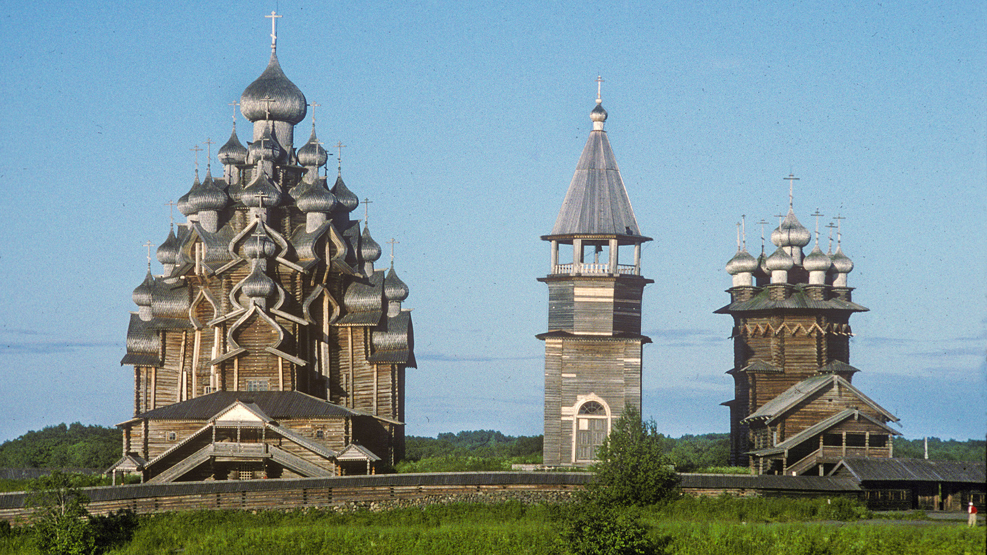 Kizhi Island, church ensemble (pogost). West view from Lake Onega. From left: Church of the Transfiguration, bell tower, Church of the Intercession. July 13, 1993