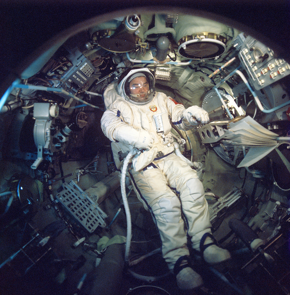 Soviet cosmonaut Georgy Grechko (flight engineer) on board of the space complex 'Soyuz-26'-'Salyut-6'.1978.