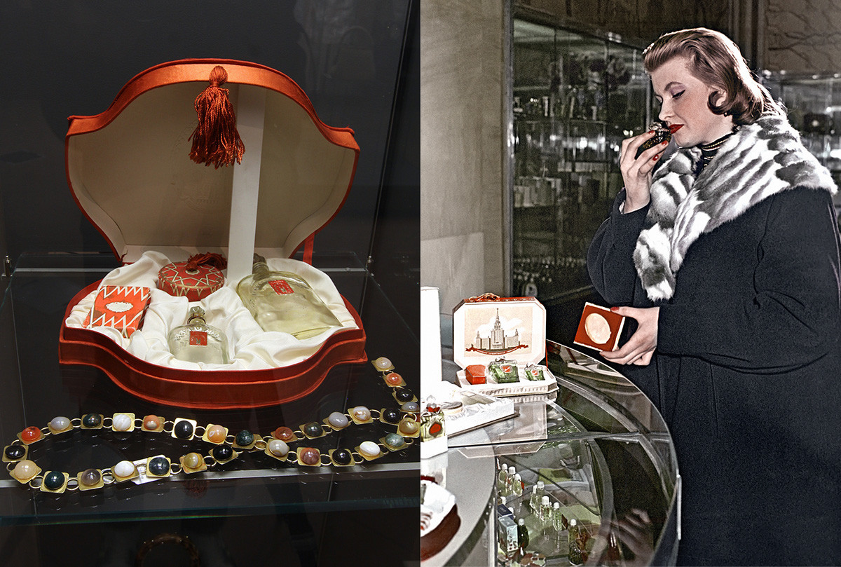 Links: Rotes Moskauer Parfüm-Set. Rechts: Eine Frau im Parfümeriegeschäft in Moskau, 1958.