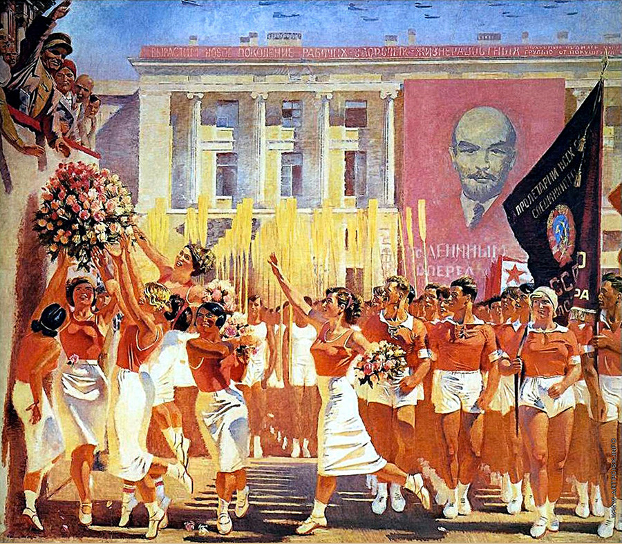 Alexander Samochwalow. Kirow nimmt eine Parade von Athleten ab, 1935.