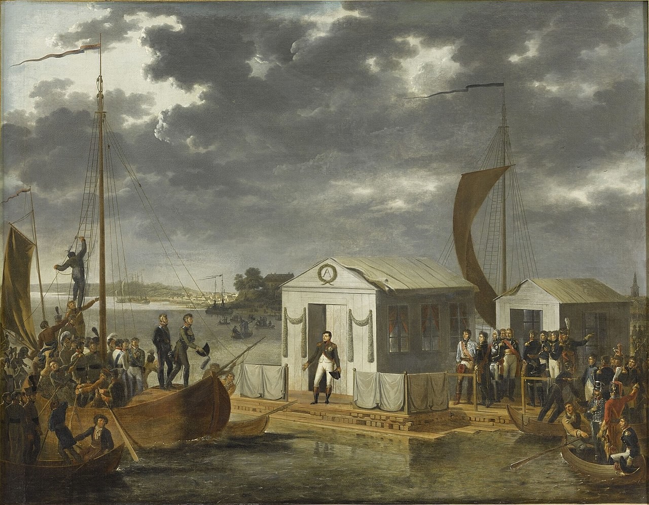 El encuentro de Napoleón I y Alejandro I en el río Niemen, el 25 de junio de 1807 (Tratado de Tilsit), por Adolph Roehn