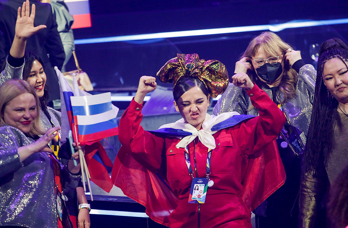 Manizha from Russia celebrates qualifying after the first semifinal of the Eurovision Song Contest at Ahoy arena in Rotterdam, Netherlands, Tuesday, May 18, 2021